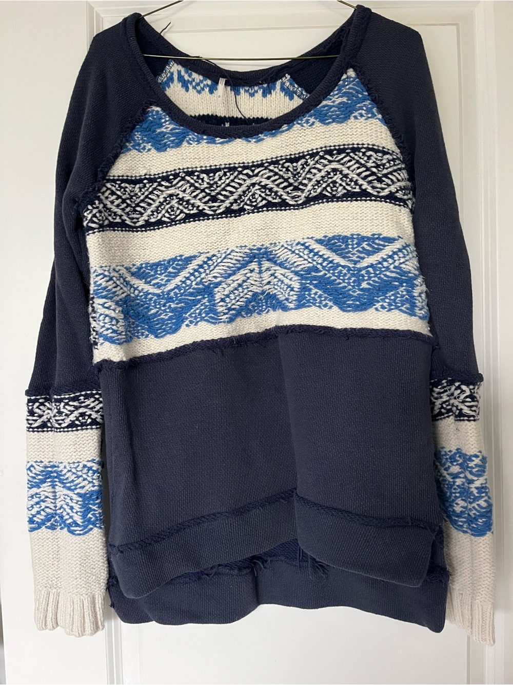Free People Navy and Cream Patterned Raglan Sweater